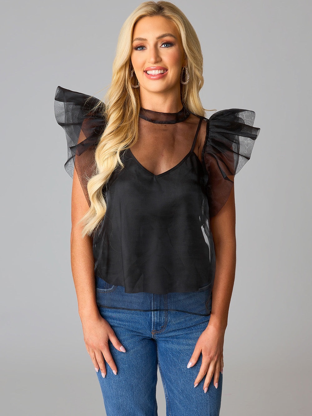 Buddy Love Black Sheer Organza Flutter Shoulder Camisole Top Shirt